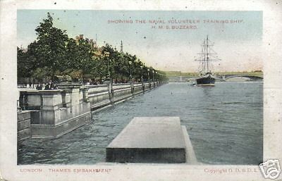 Cartolina Antica Londra Thames Embankment Nave HMS Buzzard 1900