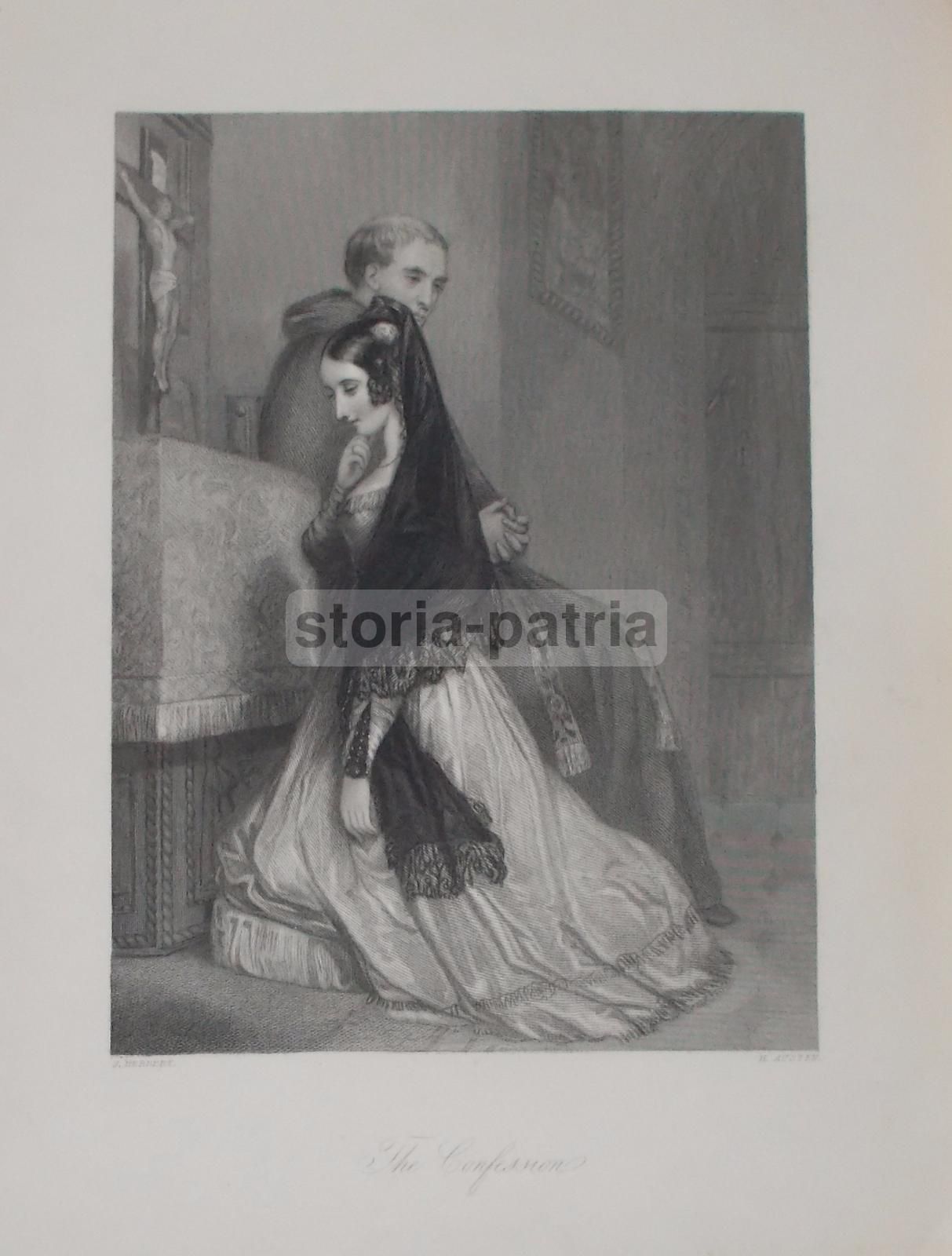 Incisione Antica 1847, Confessione In Chiesa, Herbert E Austen