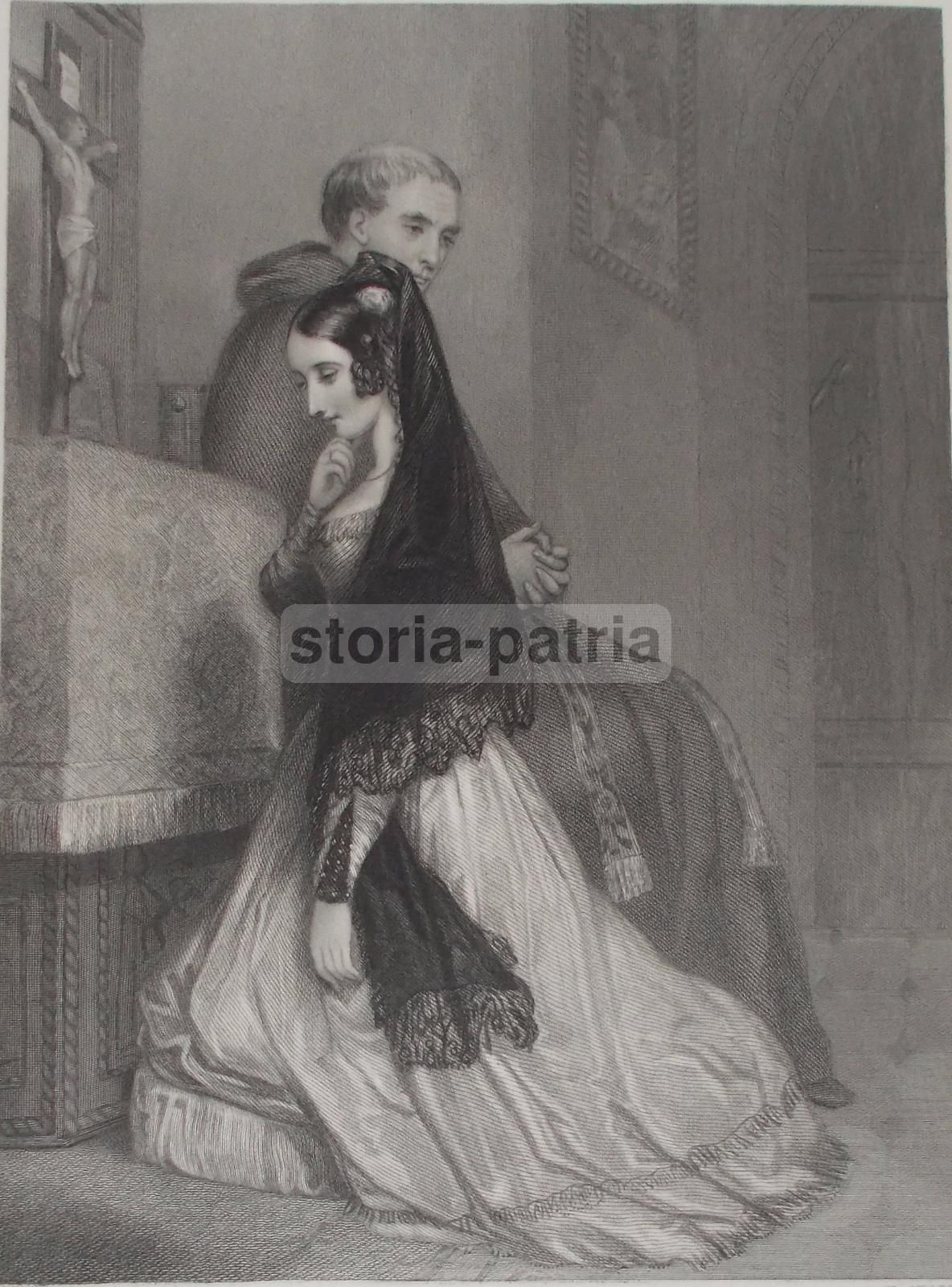 Incisione Antica 1847, Confessione In Chiesa, Herbert E Austen