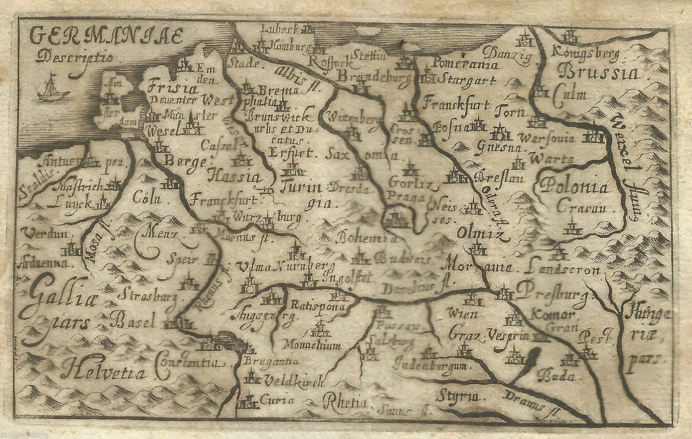 Antica Mappa Della Germania, Svizzera, Austria E Boemia, Incisione Del XVII Secolo