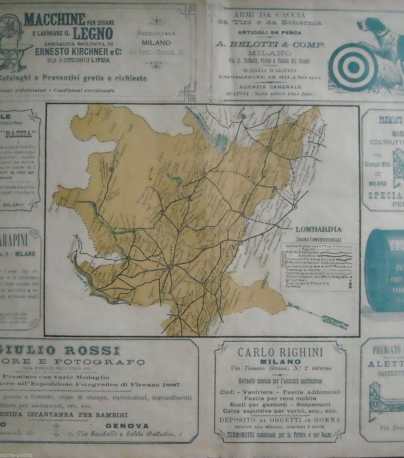 Antica Mappa Della Lombardia Con Ferrovie, Tramway E Pubblicità d'Epoca