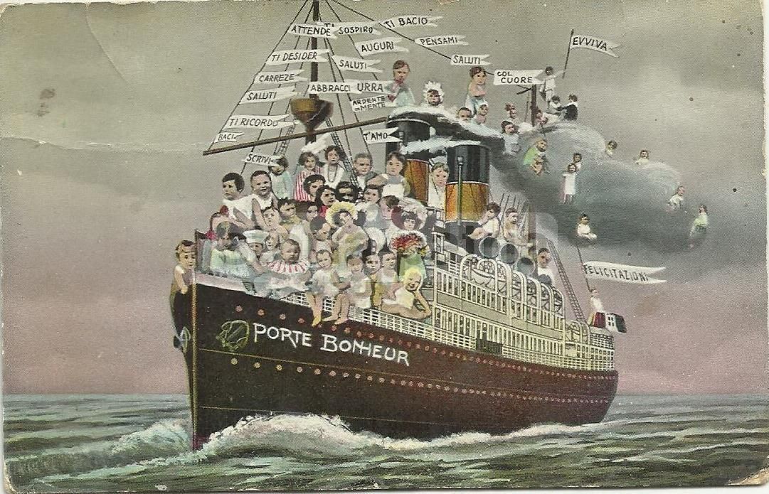 Cartolina d'Epoca 1914, Nave Con Bambini E Messaggi Augurali