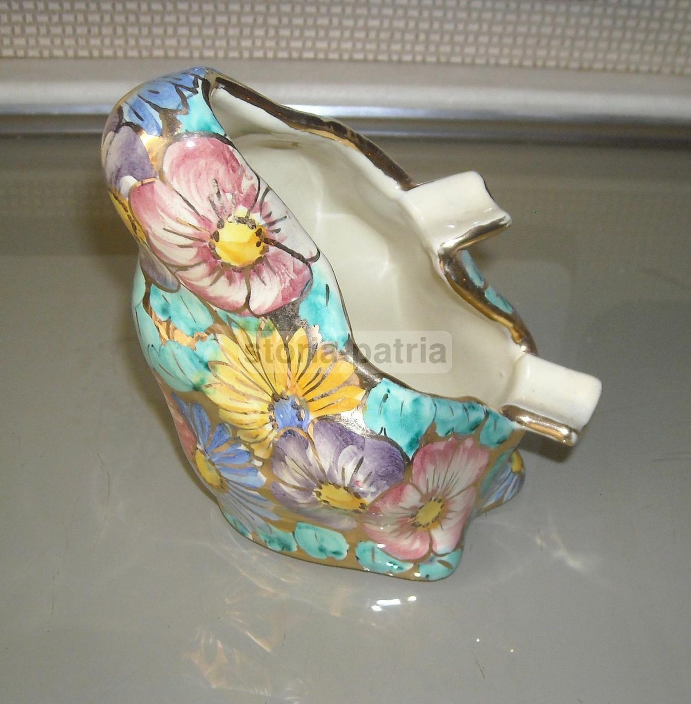 Posacenere In Ceramica Decorata Floreale Policroma, Anni '30 '50