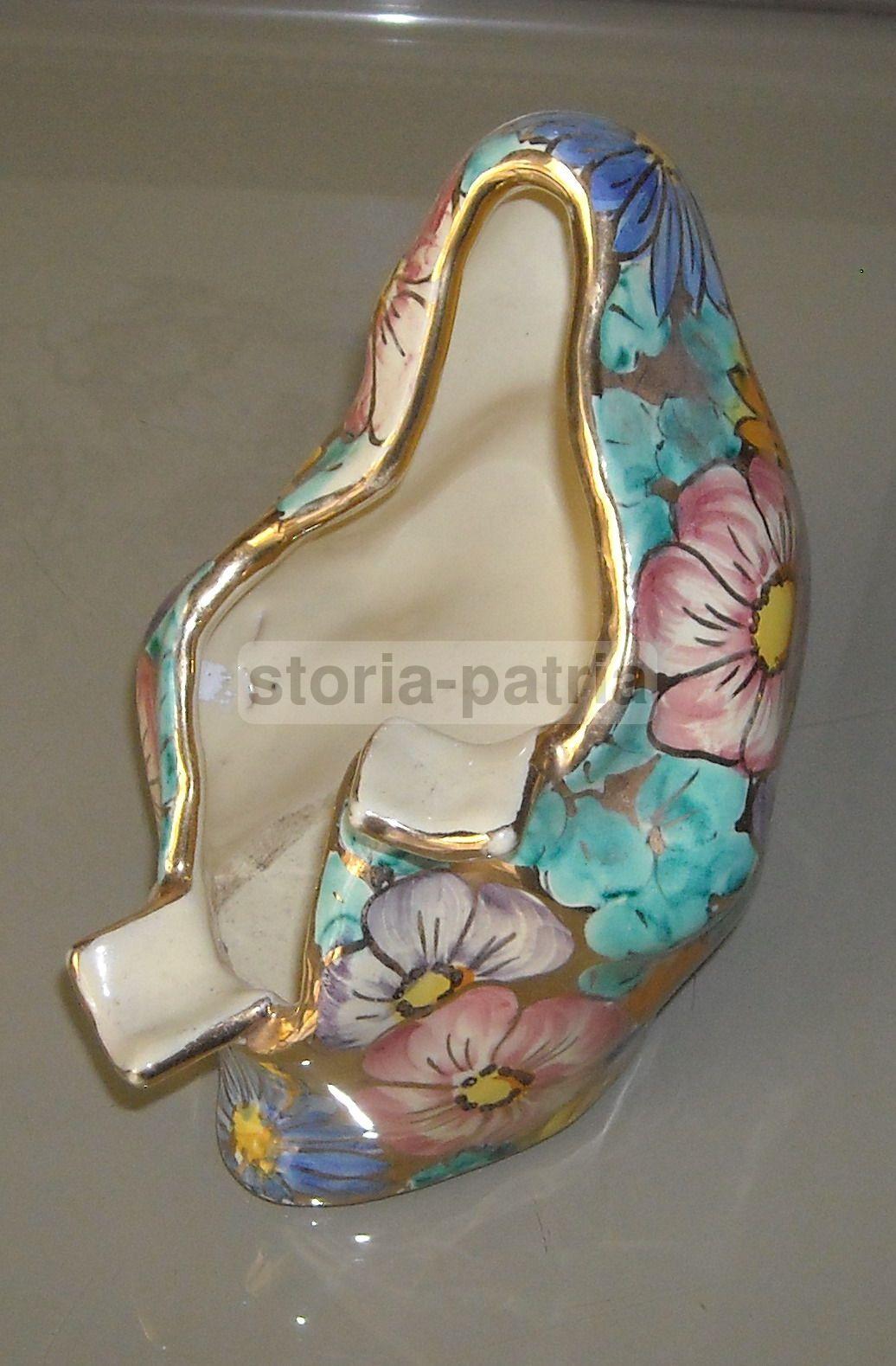 Posacenere In Ceramica Decorata Floreale Policroma, Anni '30 '50