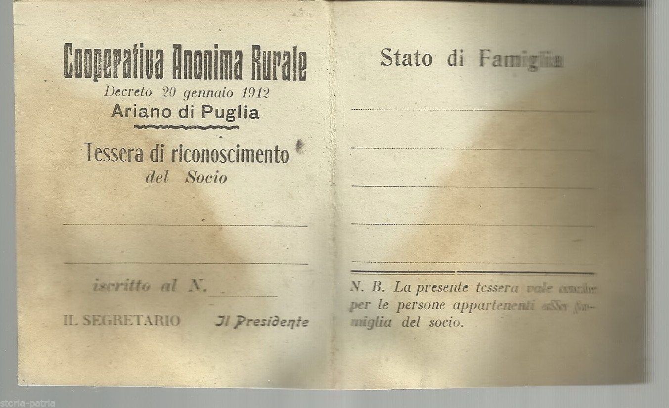 Tessera Cooperativa Anonima Rurale Ariano Di Puglia Anni '20