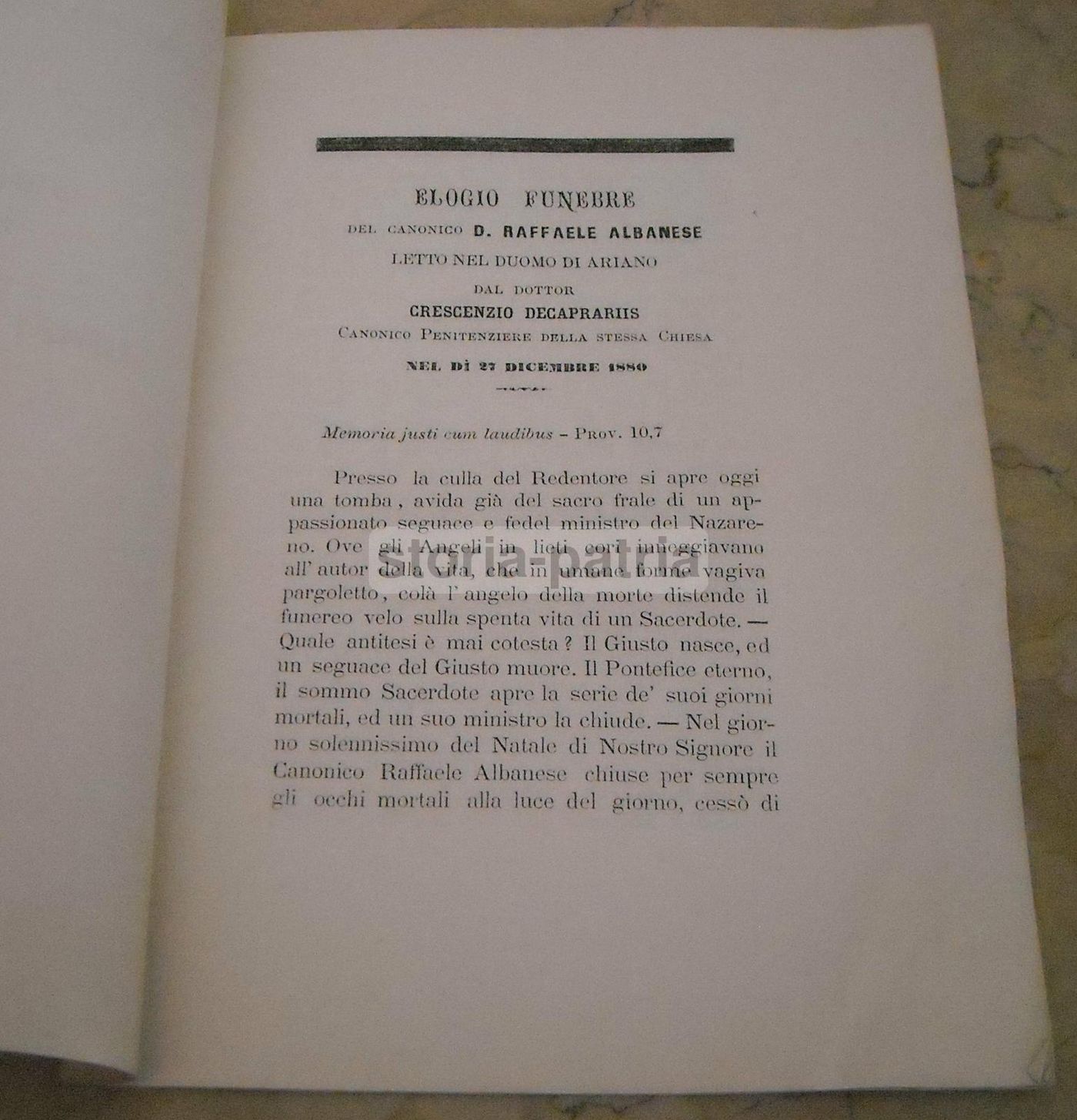 Necrologio Del Canonico Albanese, Ariano Irpino, 1880   Edizione Antica