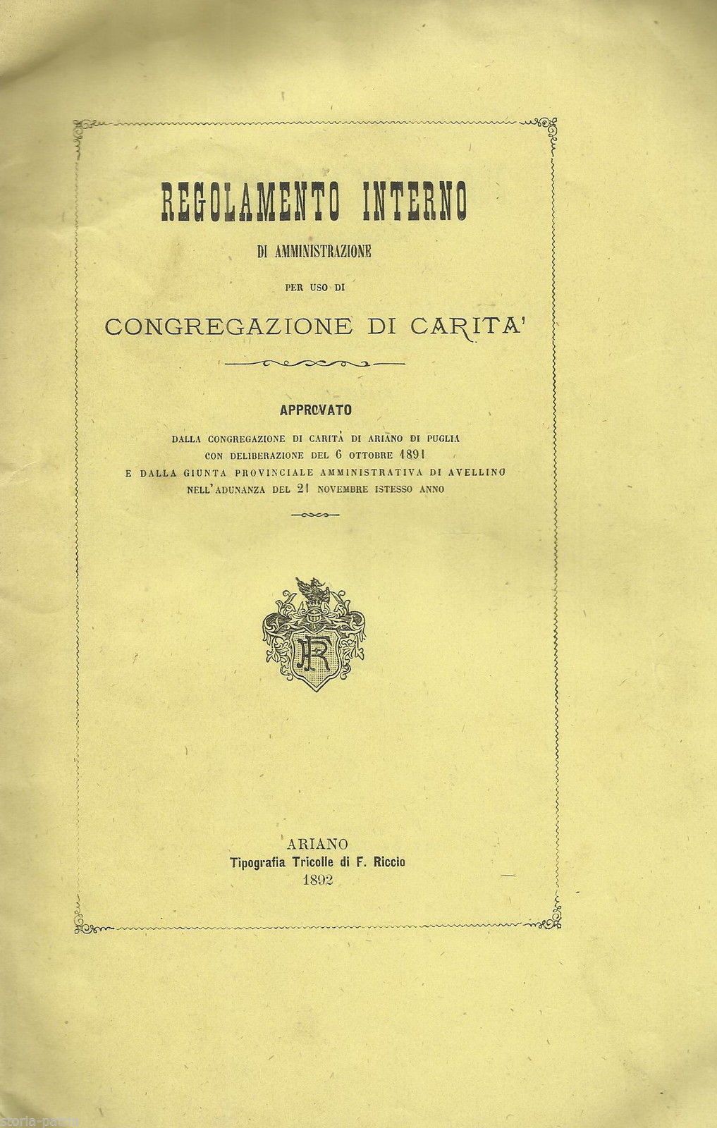 Regolamento Interno Della Congregazione Di Carità Di Ariano, 1892
