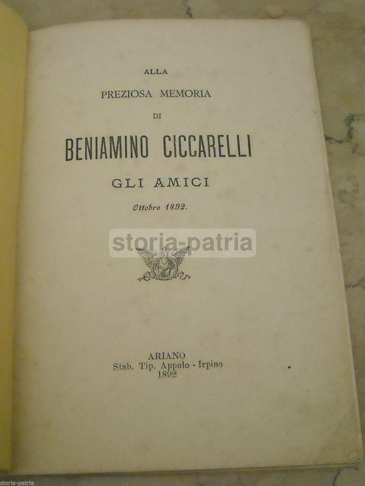 Necrologio Beniamino Ciccarelli, 1892, Ariano Irpino. Rara Edizione.