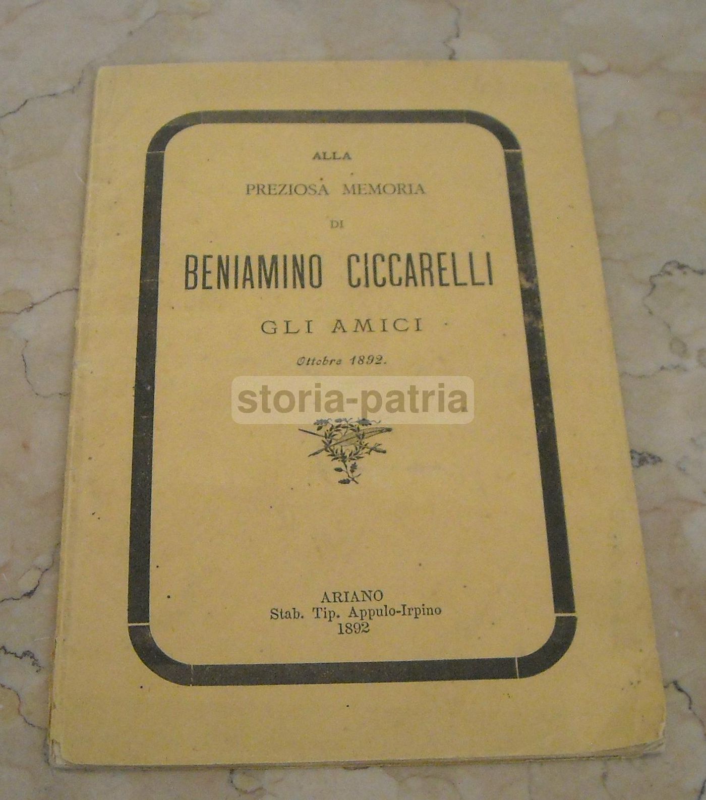 Necrologio Beniamino Ciccarelli, 1892, Ariano Irpino. Rara Edizione.