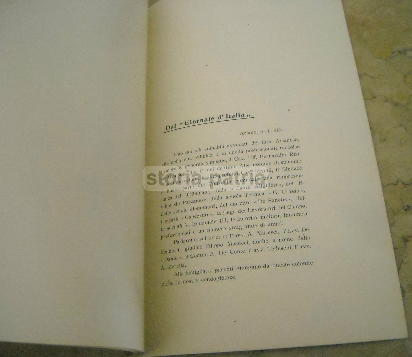 Necrologio Di Bernardino Risi (1913), Ariano Irpinia: Rarità Bibliografica Per Il Noto Avvocato