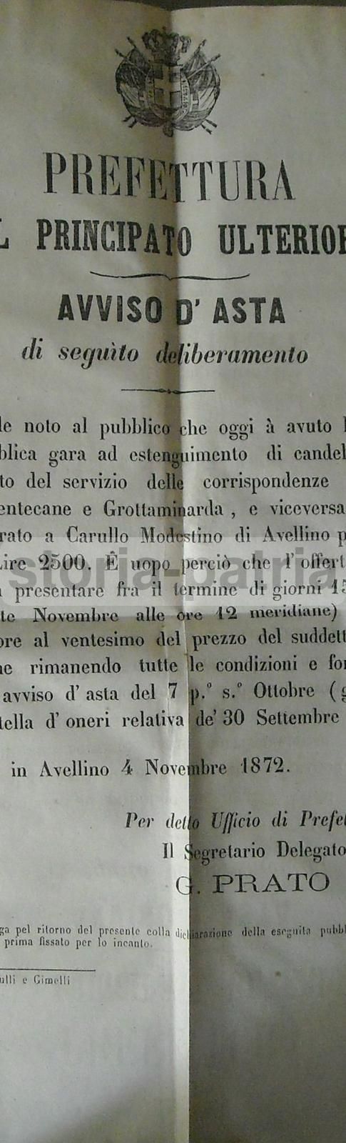 Manifesto Asta Poste Avellino Grottaminarda 1872 Regno d'Italia
