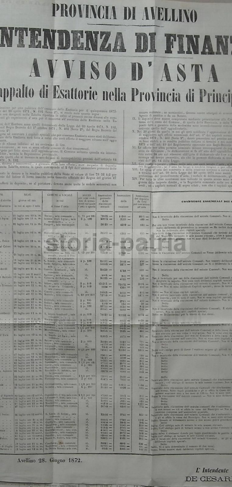 Manifesto Asta Esattorie Avellino 1872 Provincia Principato Ultra