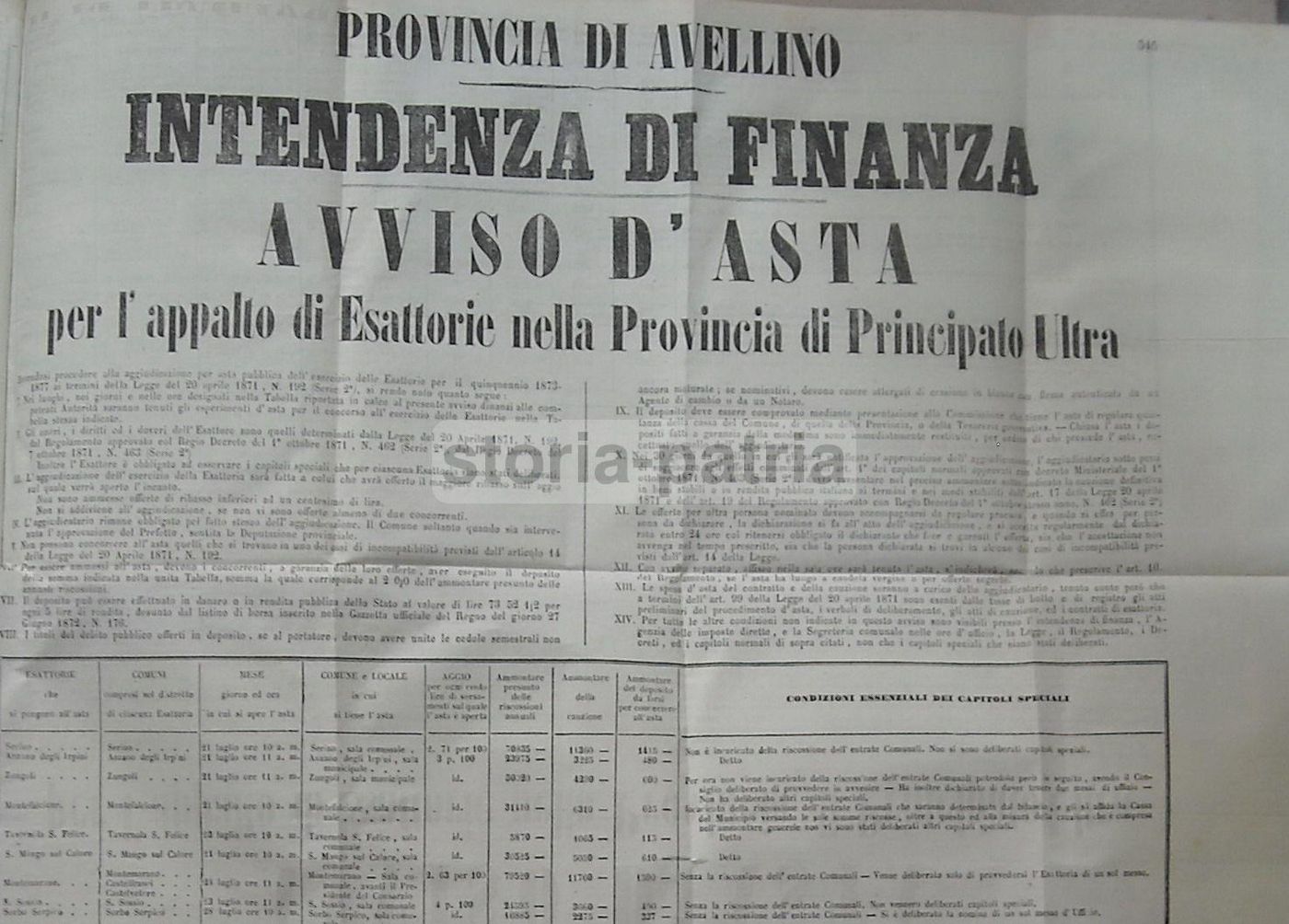 Manifesto Asta Esattorie Avellino 1872 Provincia Principato Ultra