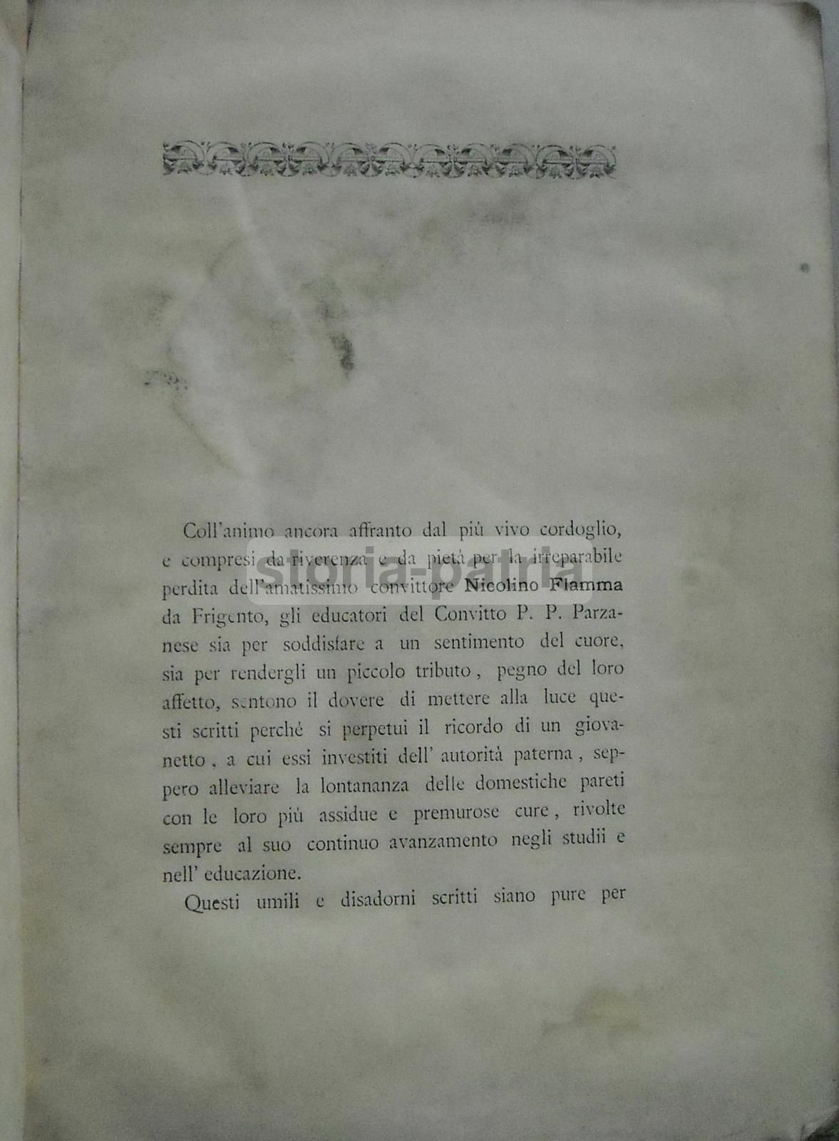 Necrologio Nicola Flamma, 1897: Convitto Parzanese, Frigento, Ariano