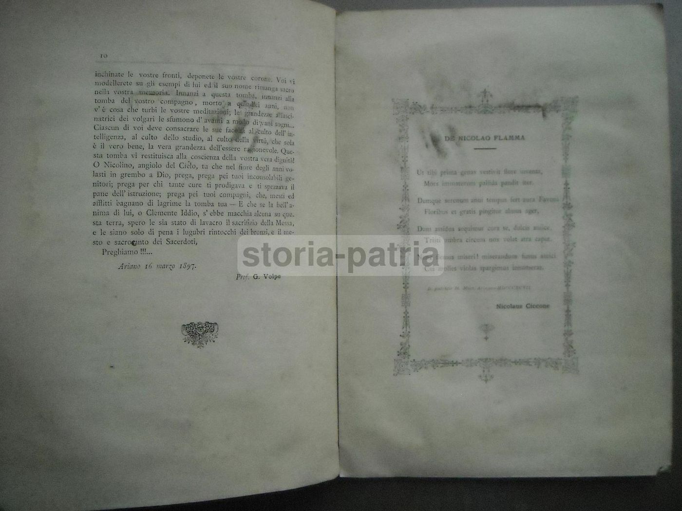 Necrologio Nicola Flamma, 1897: Convitto Parzanese, Frigento, Ariano