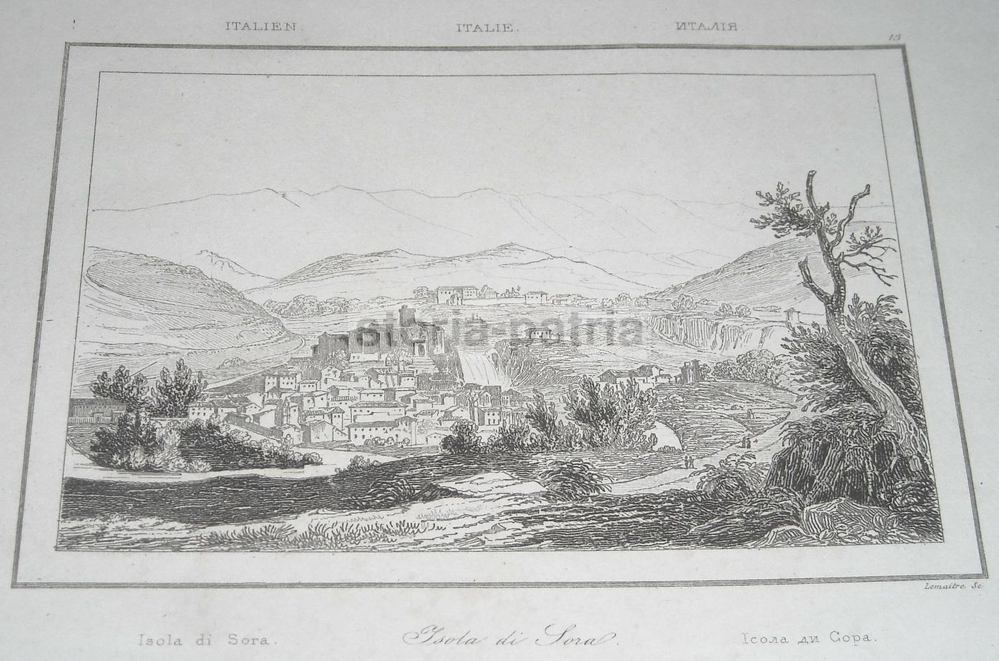 Isola Di Sora. Incisione Originale Dell'Ottocento Di Lemaitre. Veduta Panoramica