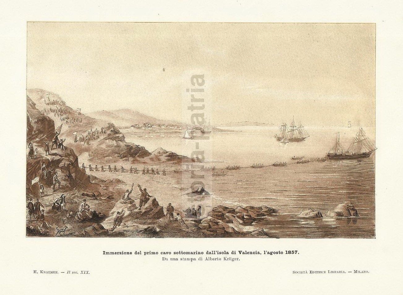 Isola Di Valencia, Cavo Sottomarino 1857. Stampa Antica Da Alberto Kruger