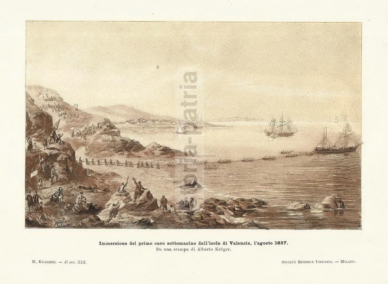 Isola di Valencia, Cavo Sottomarino 1857. Stampa Antica da Alberto Kruger