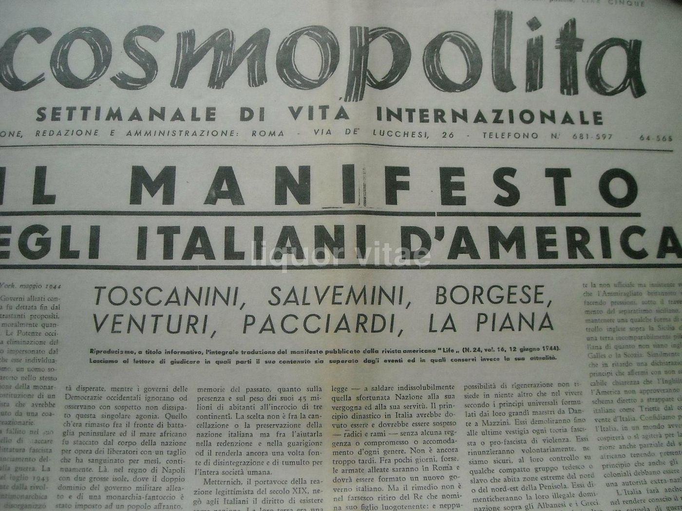 Cosmopolita, 1944: Settimanale Antifascista Con Vignette Satiriche