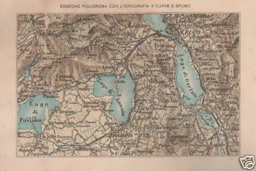 Cartografia Antica Dei Laghi Di Pusiano, Annone, Garlate E Lecco, 1900