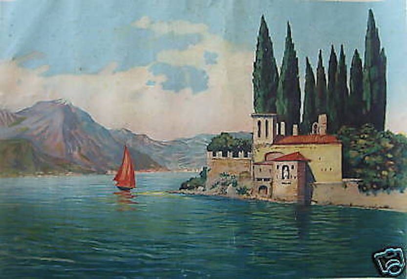 Stampa Antica Lago Di Garda San Vigilio Anni '30 Su Tela Colorata