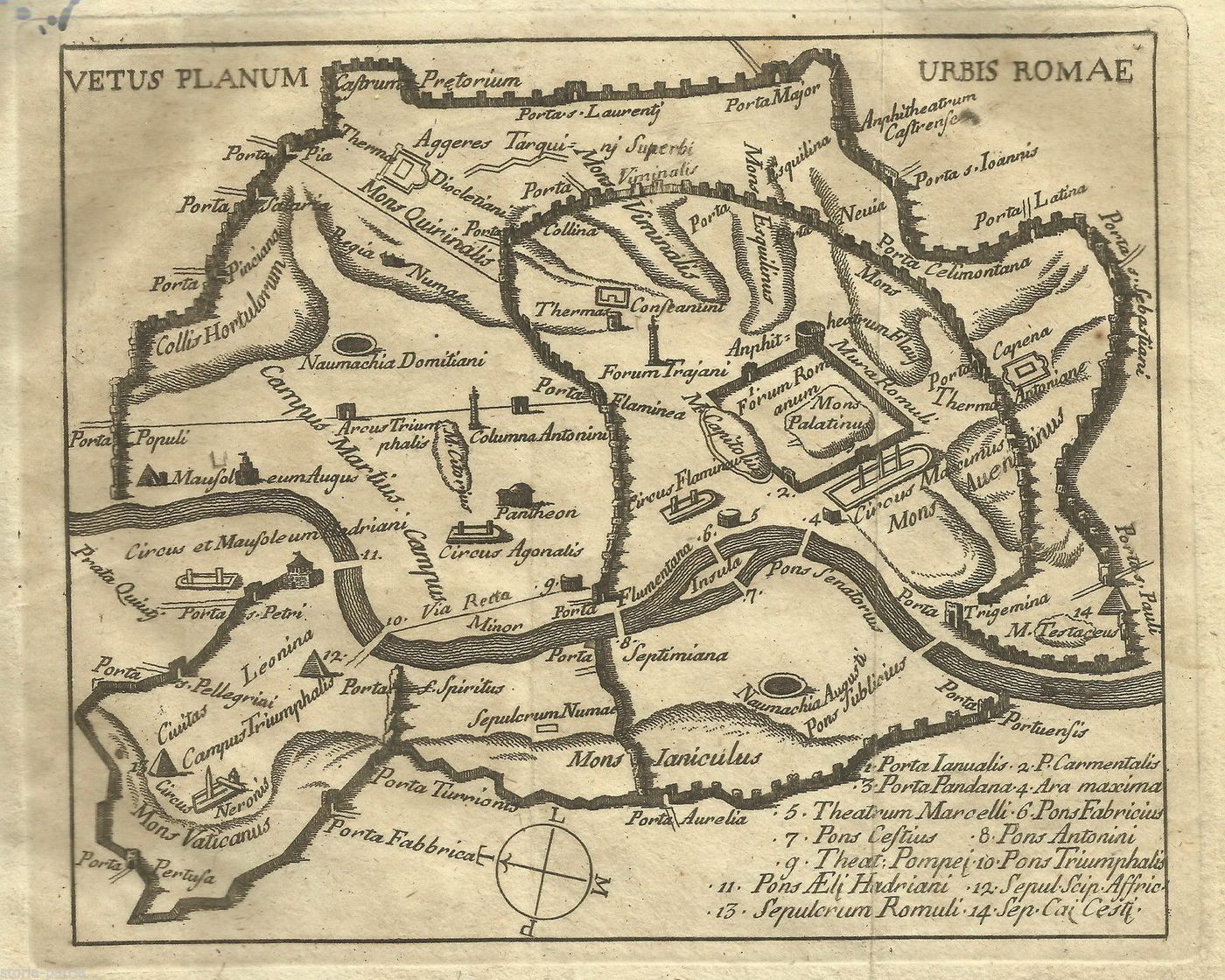 Mappa Antica Roma: Vetus Planum Urbis Romae. Incisione All'Acquaforte