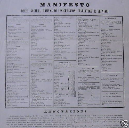 Manifesto Assicurazioni Marittime E Fluviali Roma 1850 Originale
