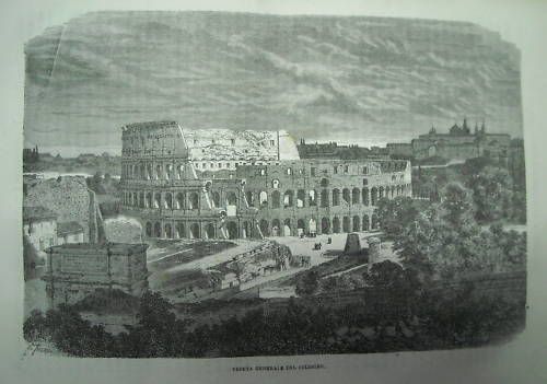 Antica Incisione Xilografica Colosseo Roma 1870 E. Theron