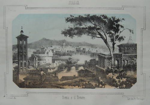 Veduta Panoramica Di Roma E Del Tevere, Litografia Originale, Barbieri, XIX Secolo