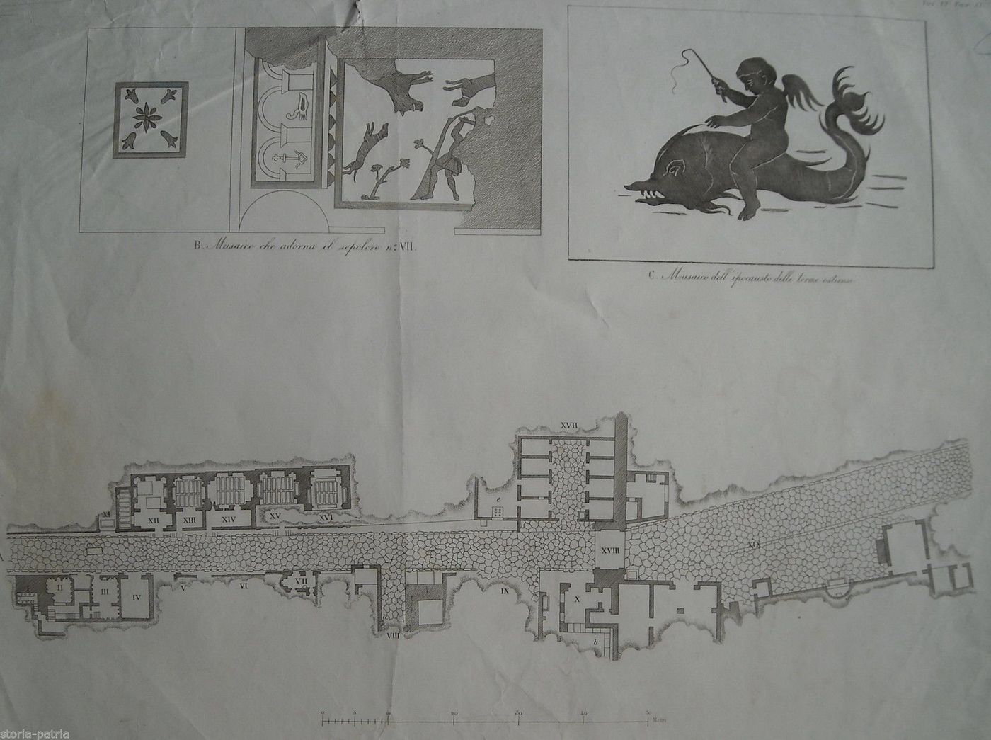 Mappa Topografica Di Ostia Antica Con Mosaici, Litografia 1857