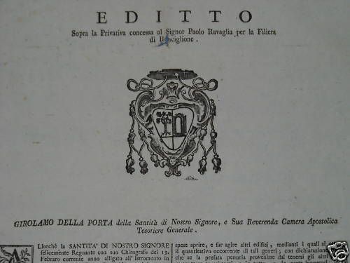 Editto Filiera Ronciglione Ravaglia 1796 Stemma Araldico Stato Pontificio