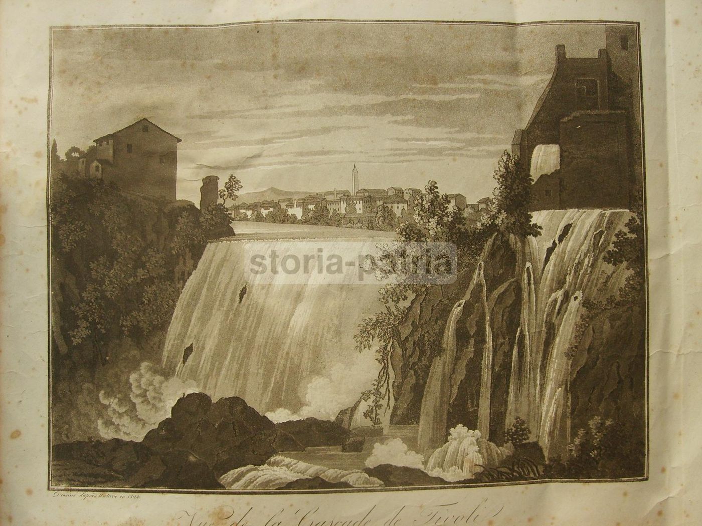 Antica Incisione Della Cascata Di Tivoli (1824)   Acquatinta Originale