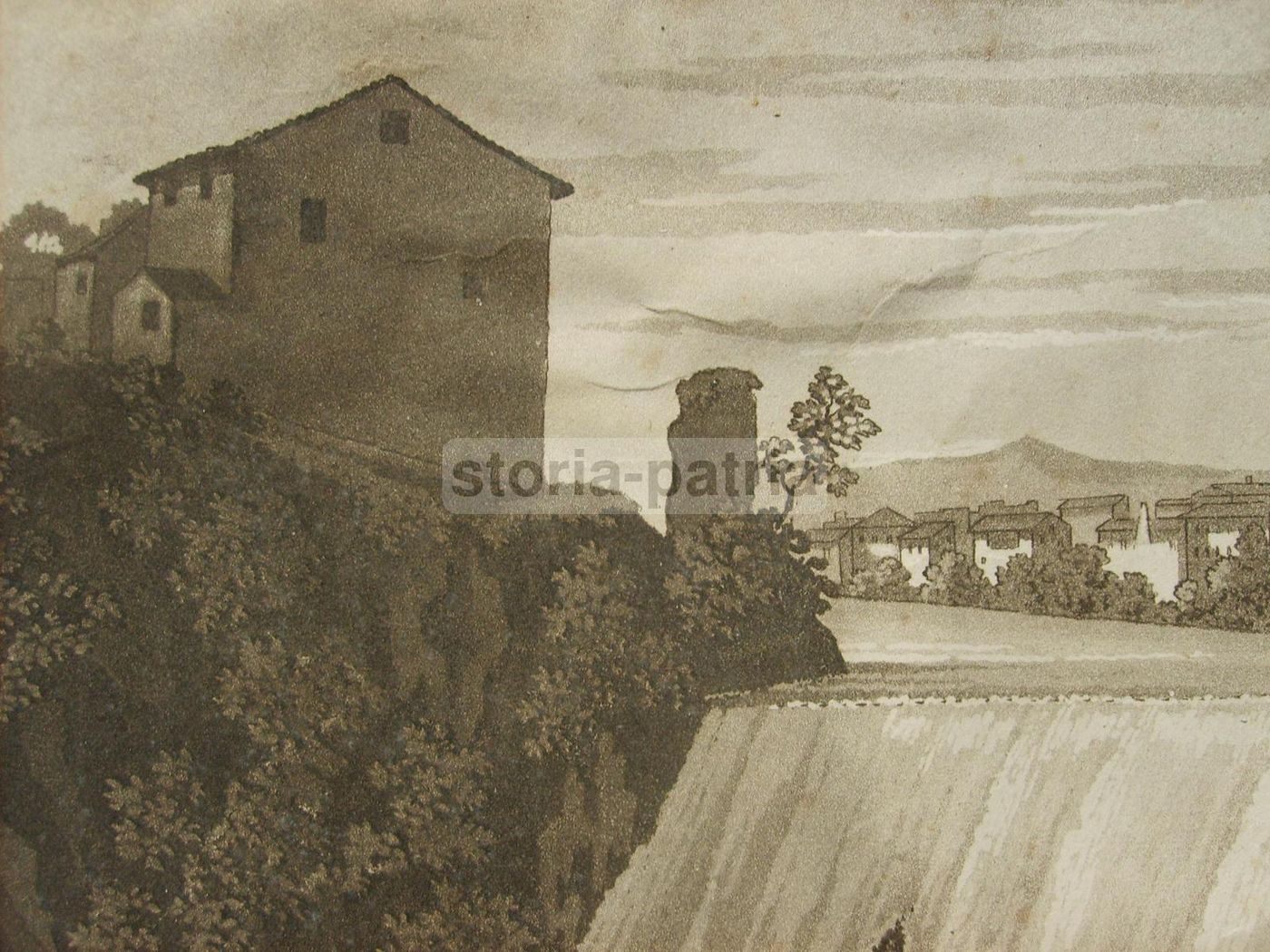 Antica Incisione Della Cascata Di Tivoli (1824)   Acquatinta Originale