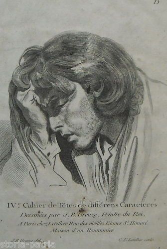 Greuze Letellier: Incisione Antica "Testa Di Carattere" (Fisiognomica)