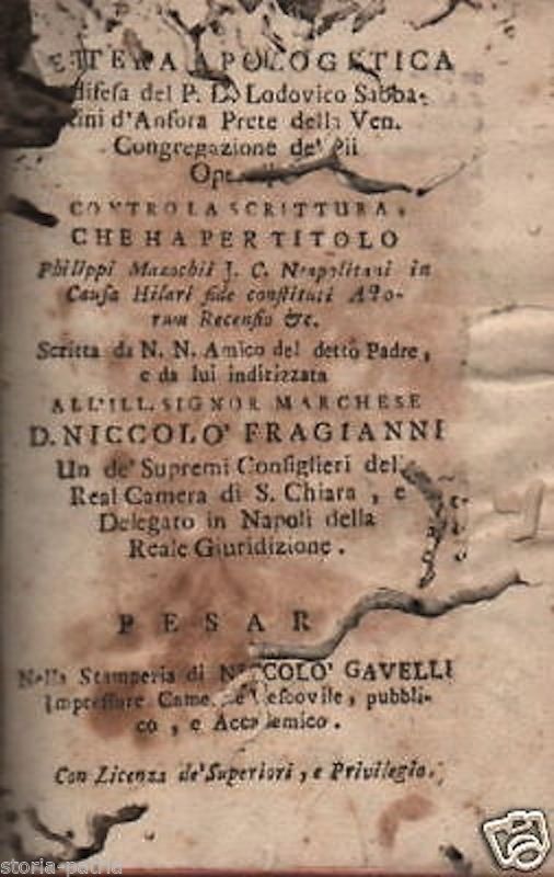 Lettera Apologetica In Difesa Di Lodovico Sabbatini d'Anfora (Pesaro, XVIII Secolo)