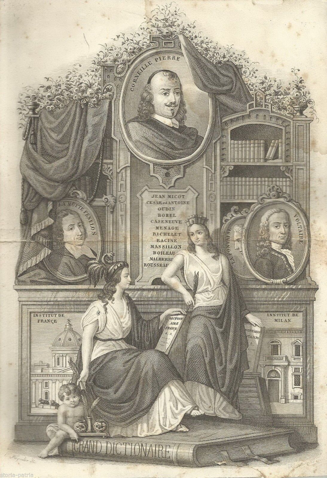 Incisione Allegorica Dell'Istituto Di Francia E Di Milano Con Ritratti Di Corneille E Voltaire