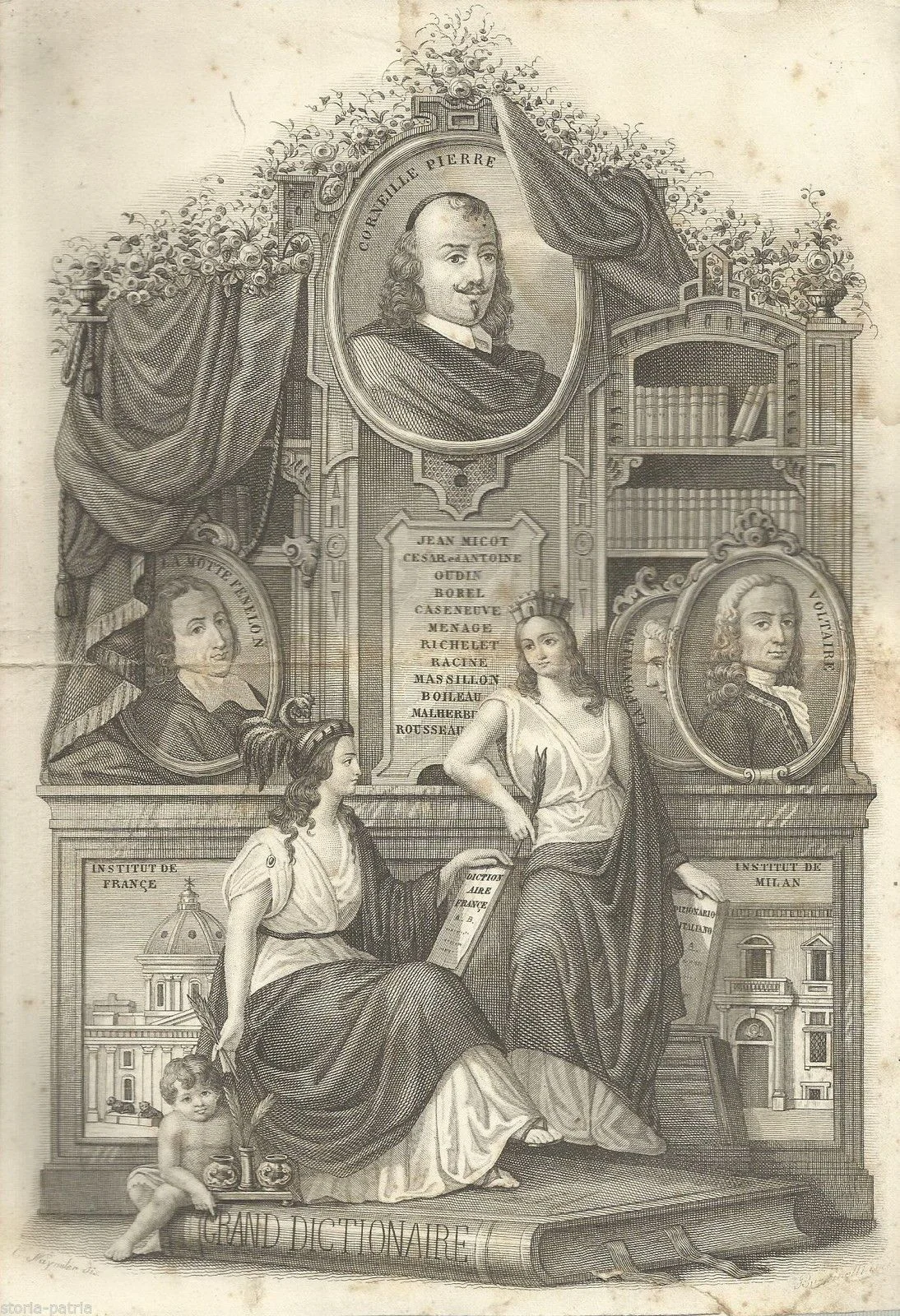 Allegorical Engraving of the Institutes of France and Milan with Portraits of Corneille and Voltaire
