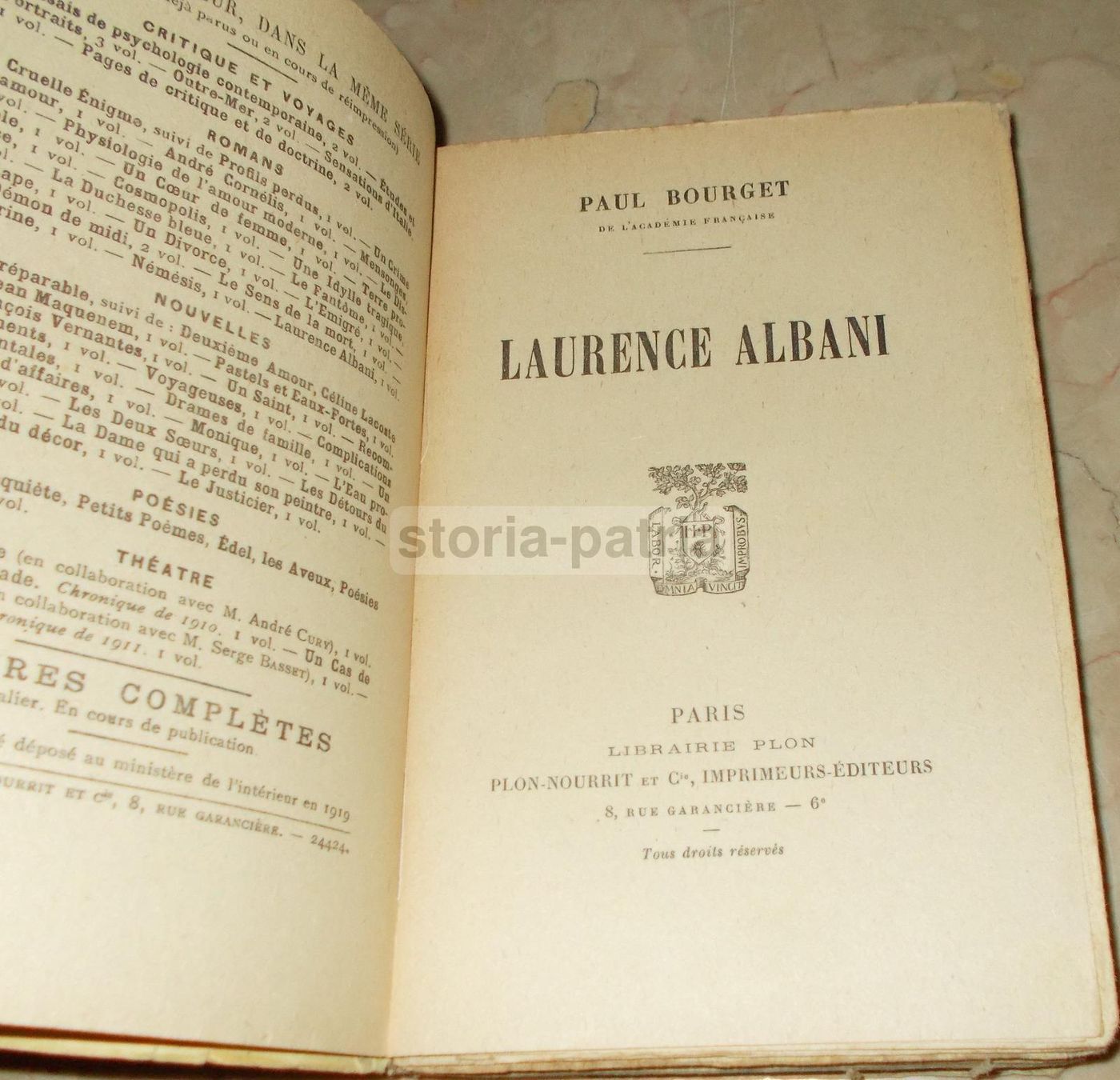 Laurence Albani Di Paul Bourget, Plon 1919, Edizione Francese