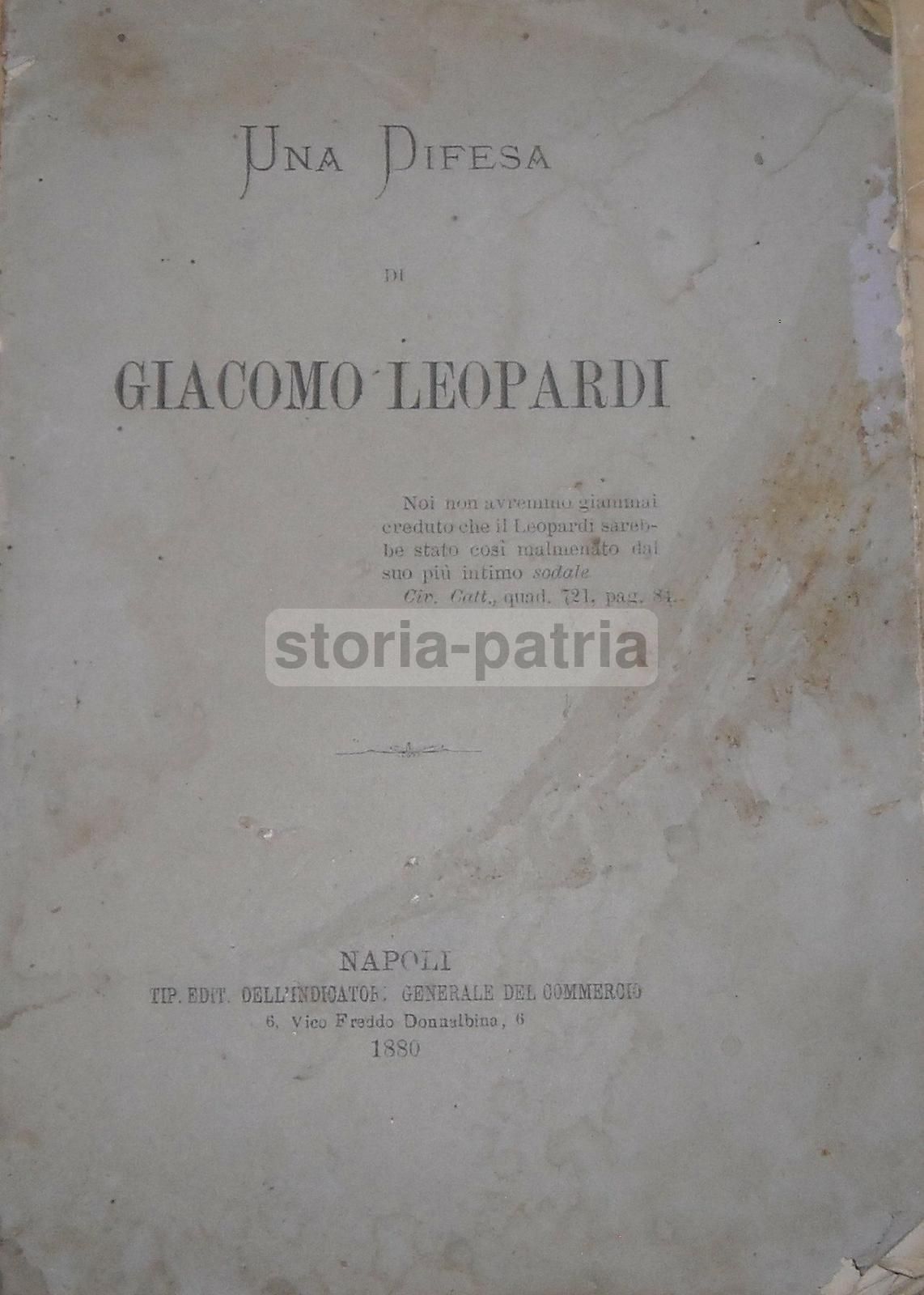 Difesa Di Giacomo Leopardi, 1880, Napoli. Edizione Rara Di Ignazio Ghianni