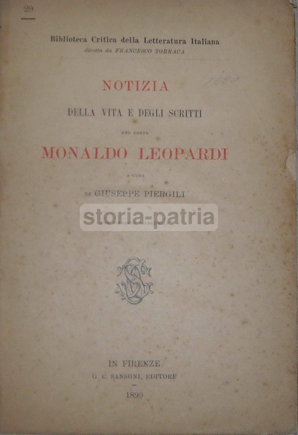 Vita E Scritti Del Conte Monaldo Leopardi, Piergili 1899 Recanati
