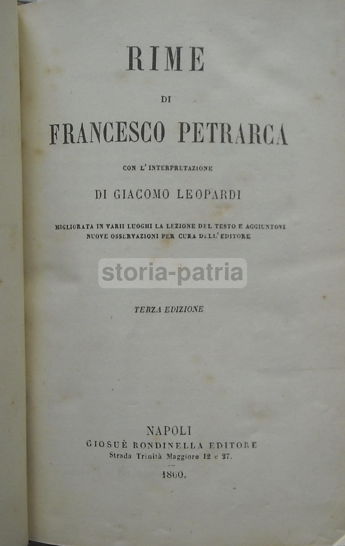 Rime Di Petrarca Con Interpretazione Leopardi Napoli 1860 Rara