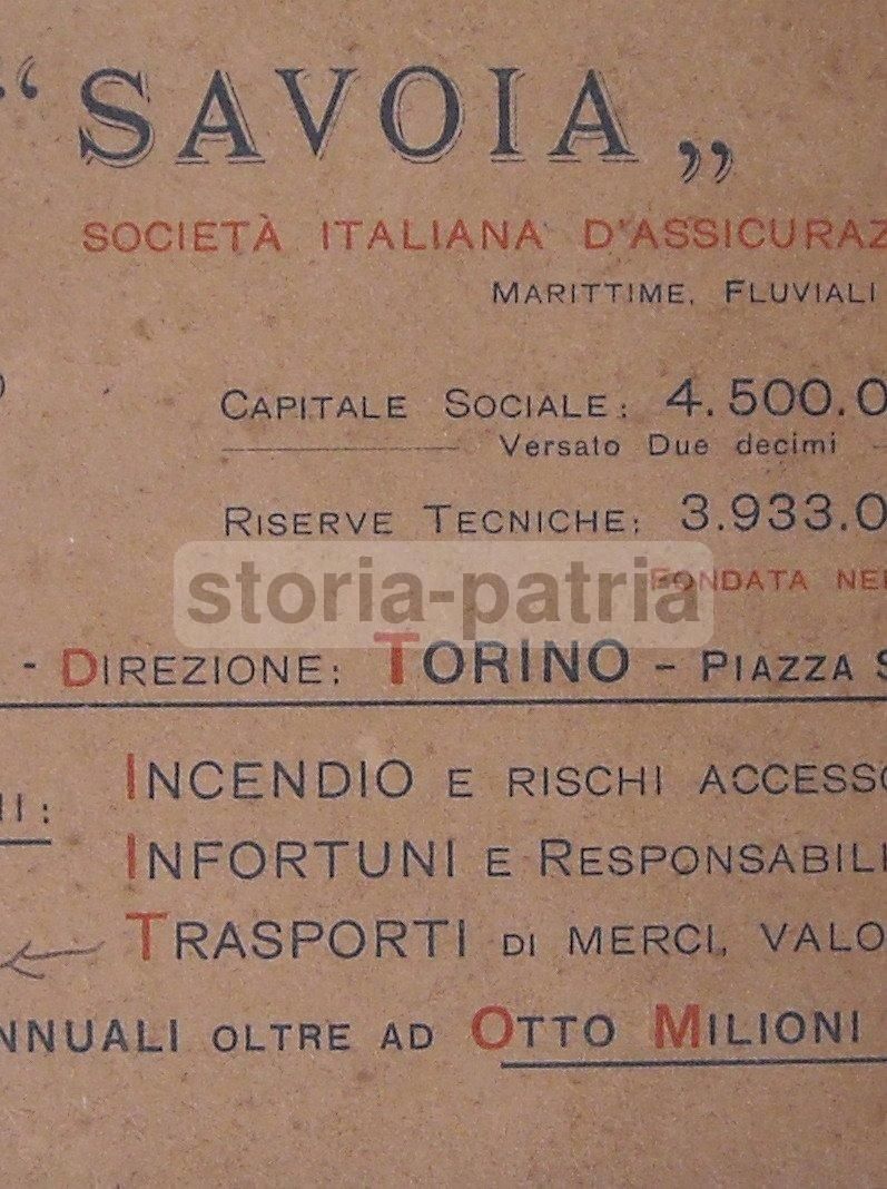 Biglietto Pubblicitario Assicurazioni Savoia, Genova E Torino, Anni '20