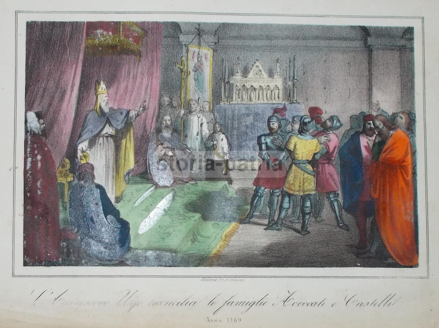 Litografia Arcivescovo Ugo: Riconciliazione Delle Famiglie Avvocati E Castelli, Genova, Armanino, XIX Secolo