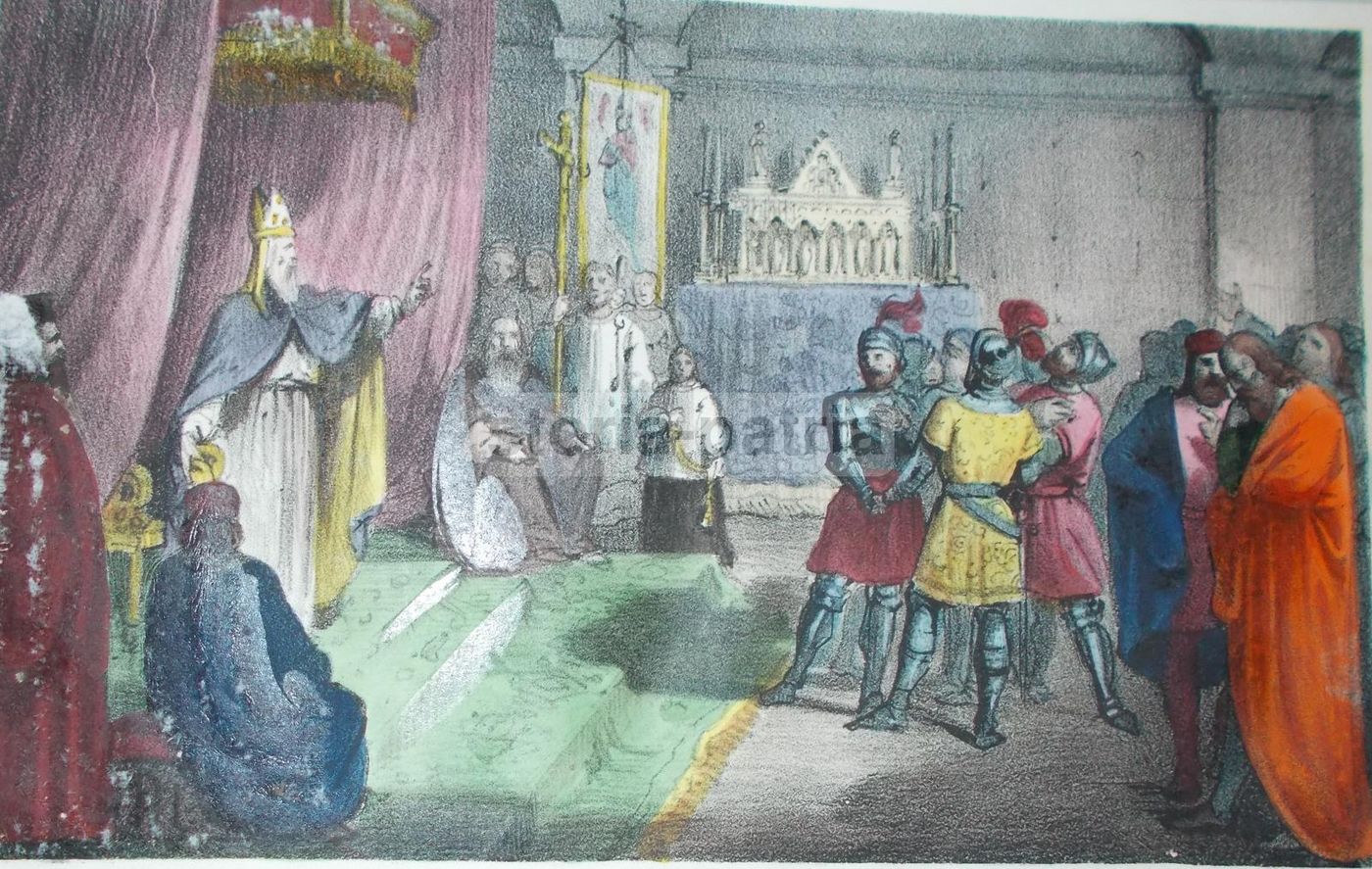 Litografia Arcivescovo Ugo: Riconciliazione Delle Famiglie Avvocati E Castelli, Genova, Armanino, XIX Secolo