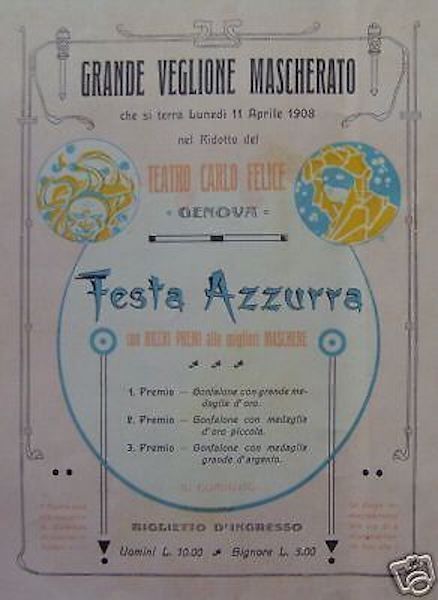 Manifesto Festa Azzurra Teatro Carlo Felice Genova 1908 Liberty