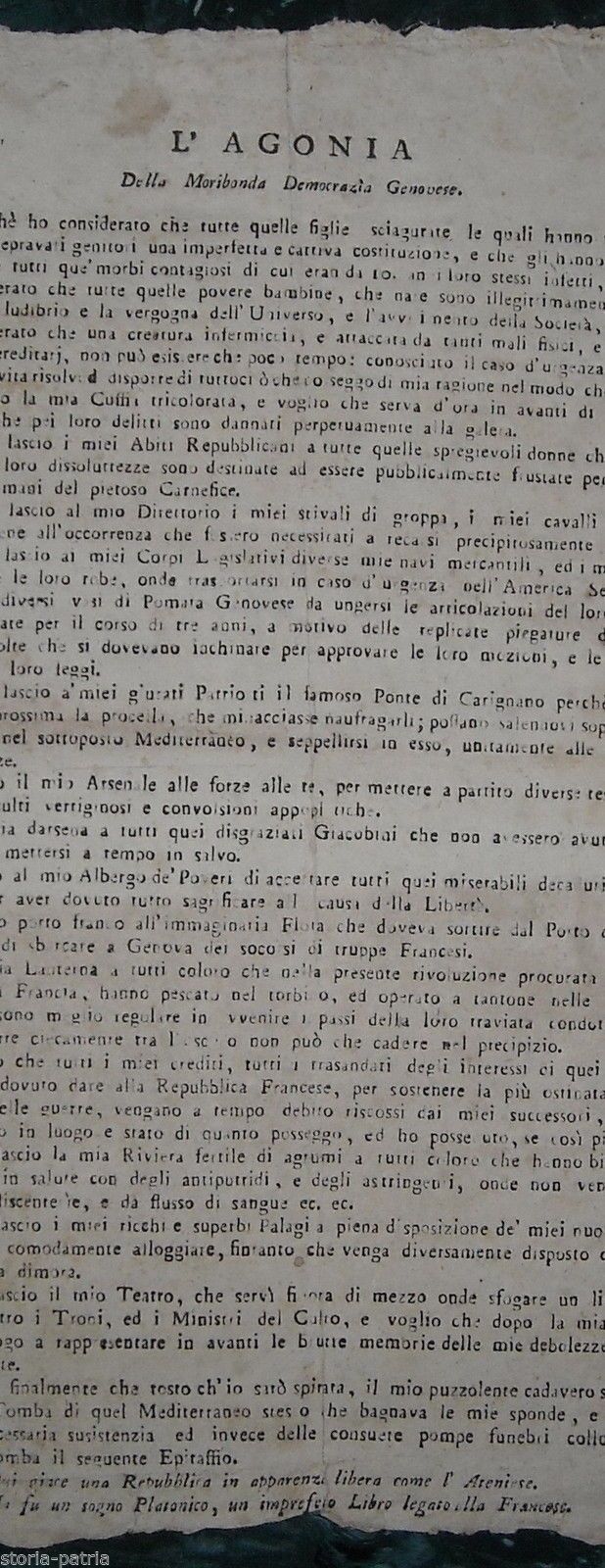 L'Agonia Della Moribonda Democrazia Genovese: Foglio Volante Satirico Epoca Rivoluzione Francese