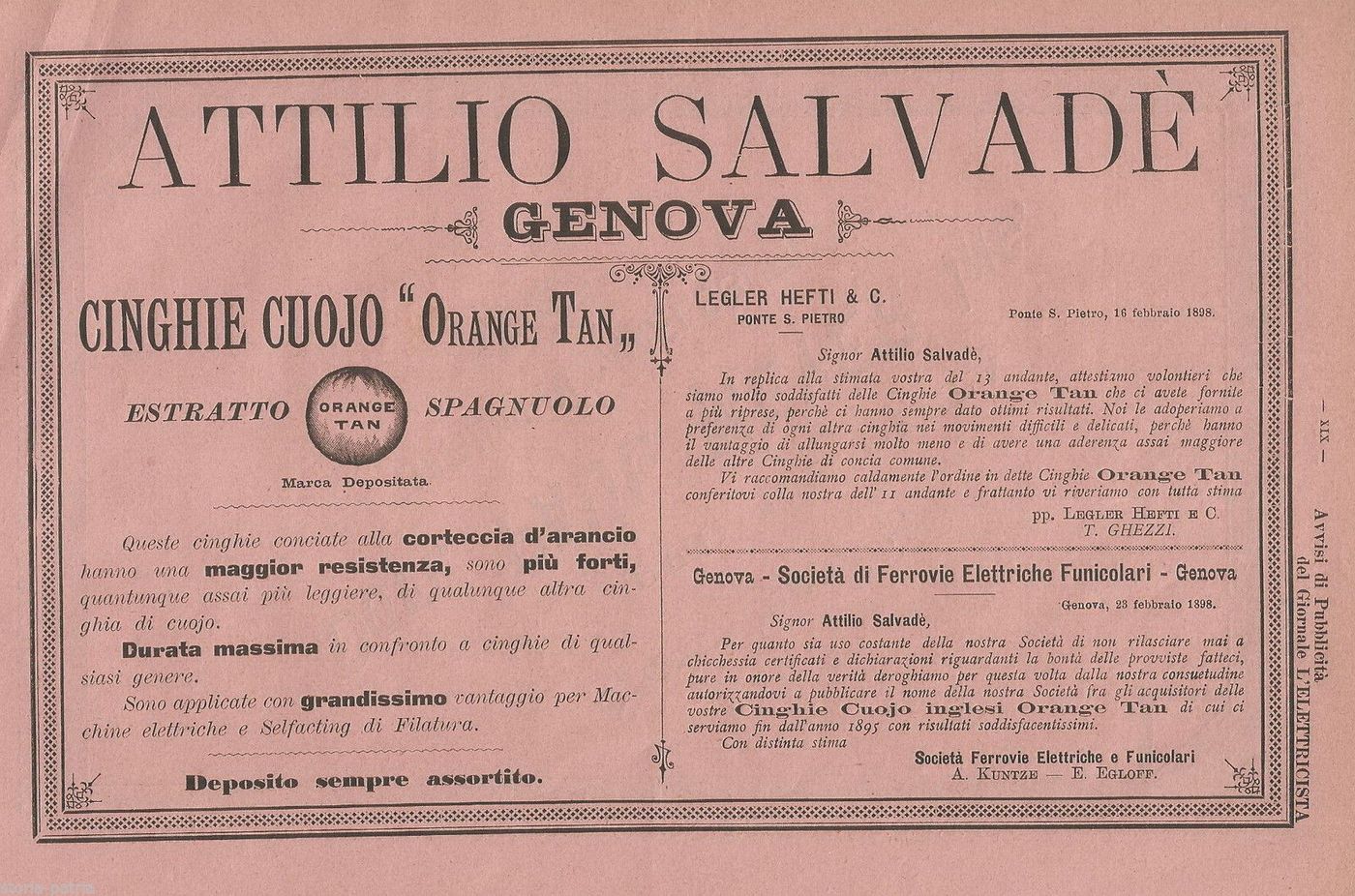 Pubblicità Attilio Salvadè, Genova: Cinghie In Cuoio Orange Tan, 1900