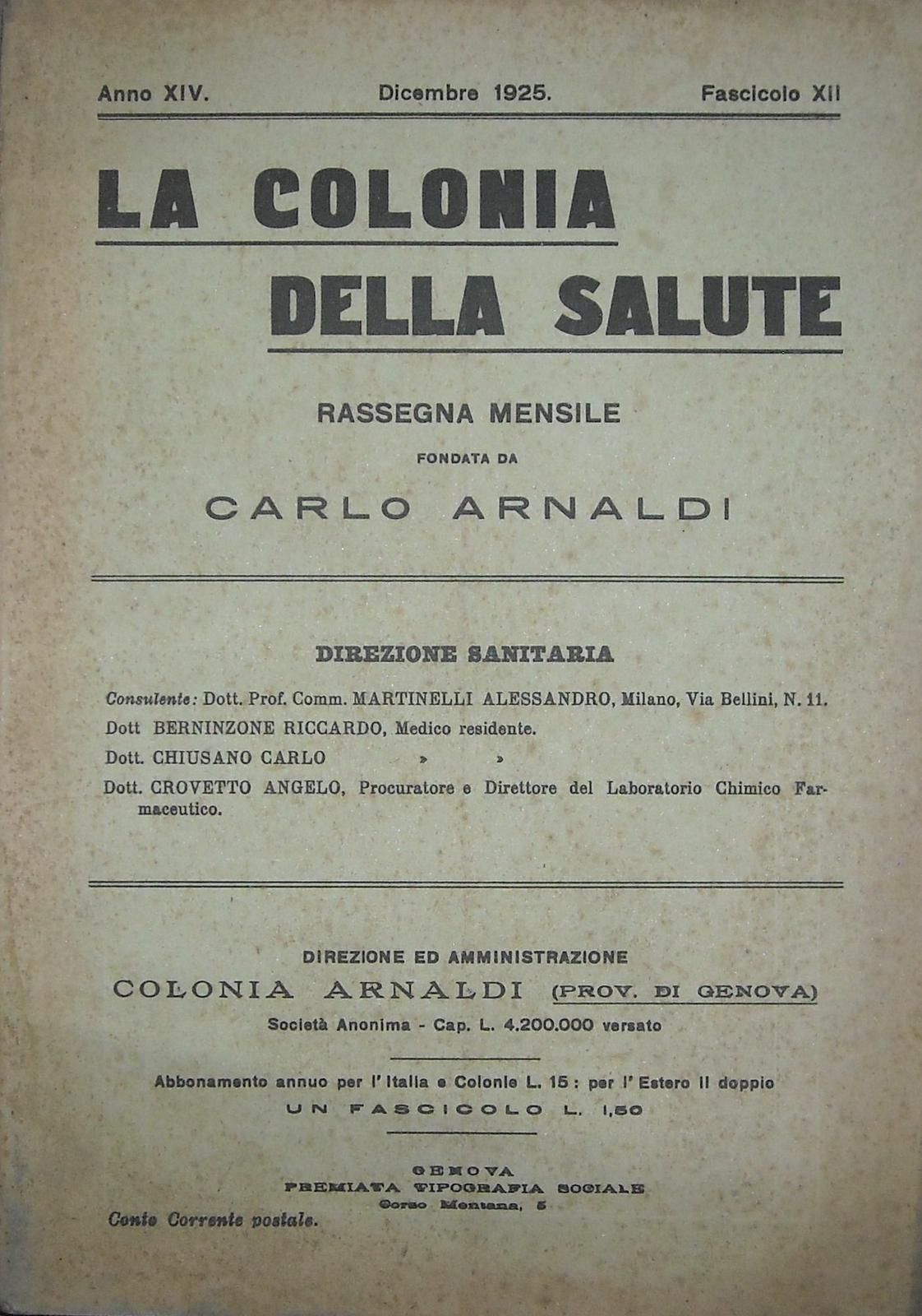 Colonia Arnaldi Uscio 1925 Rivista Medicina Igiene Salute Genova