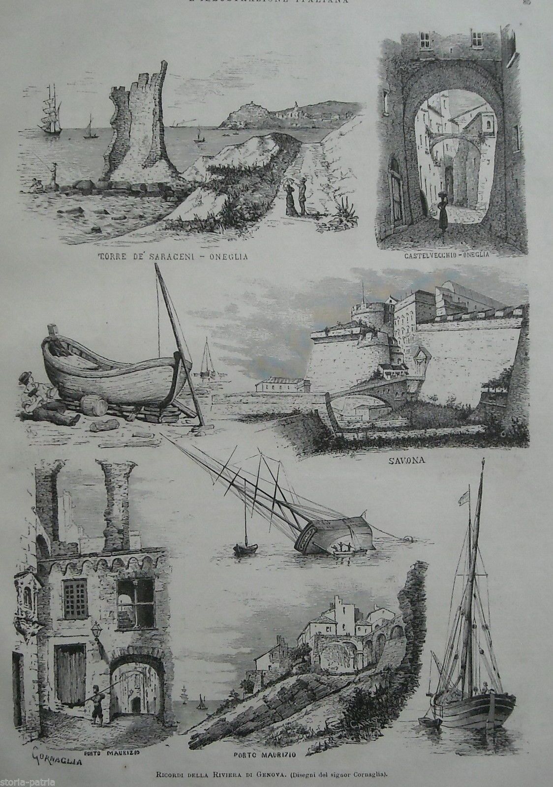 Stampa Antica Riviera Ligure 1880: Oneglia, Savona, Porto Maurizio