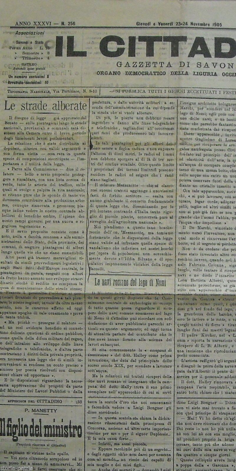 Il Cittadino   Gazzetta Di Savona, 1905: Navi Romane Di Nemi E Strade Alberate